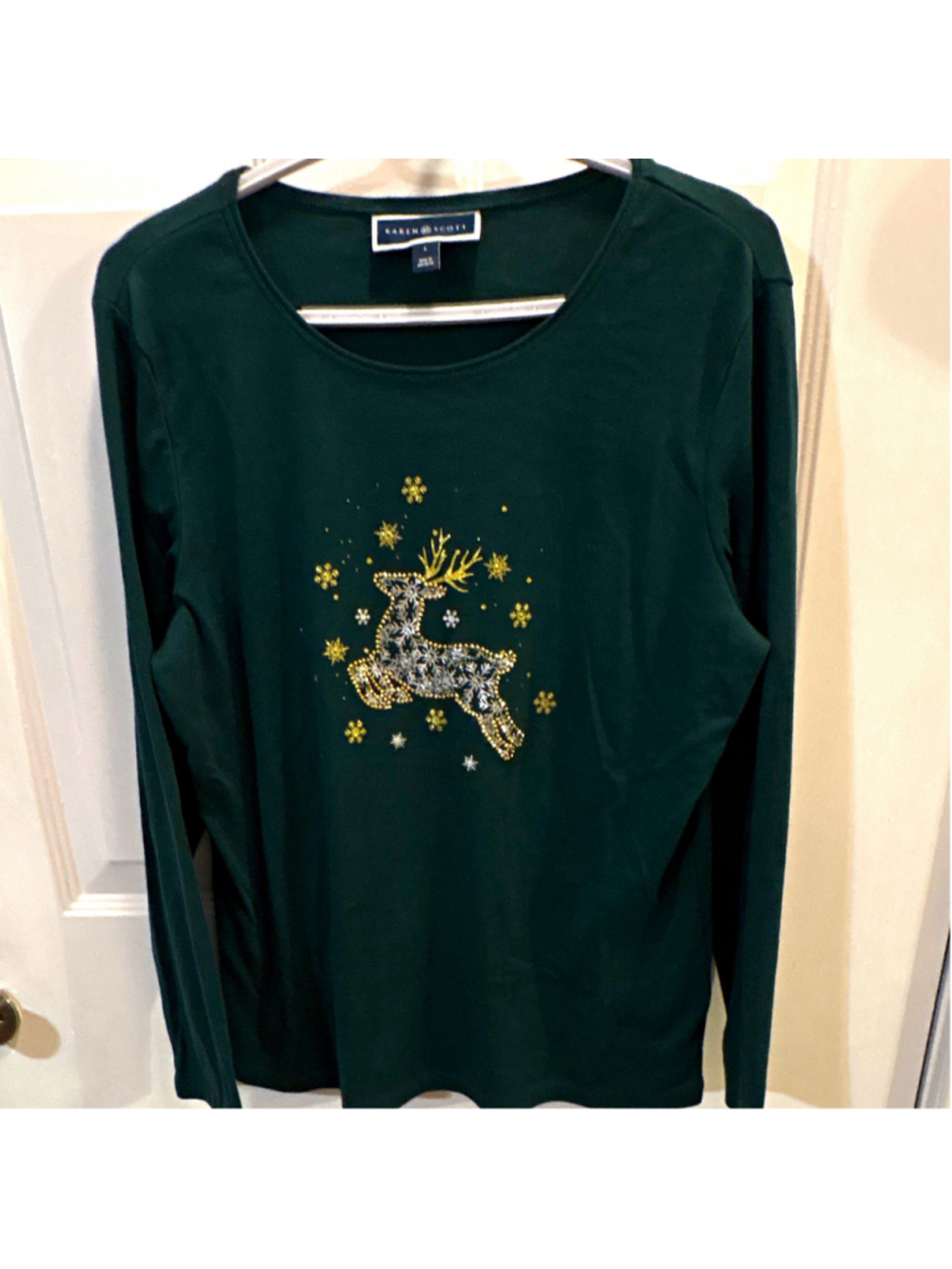 Karen Scott Women’s L Green Long Sleeve Scoop Neck Reindeer Rhinestone Knit Top